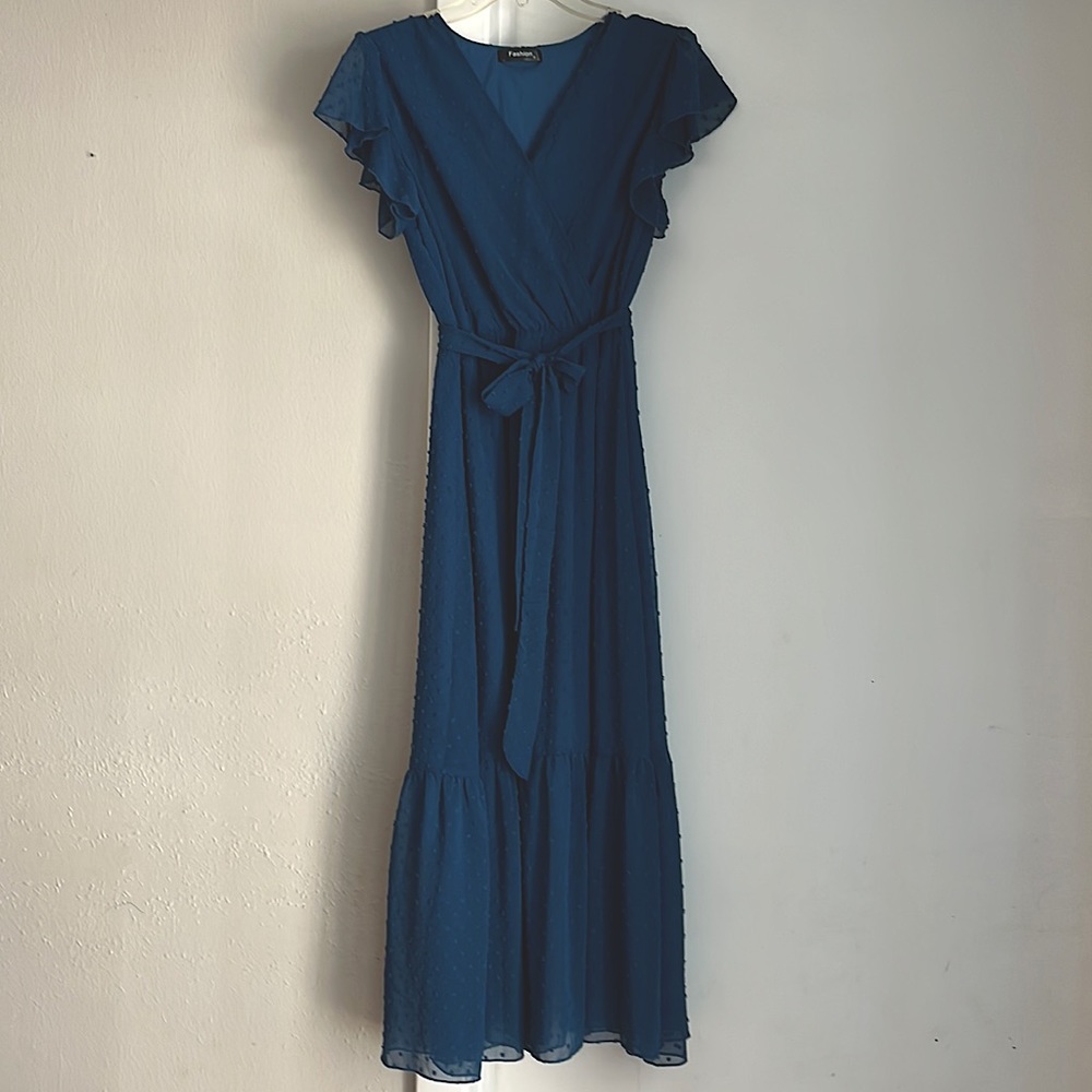 Fashion teal, Swiss dot, belted, maxi dress.